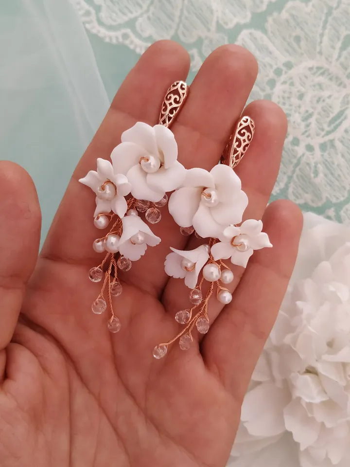 Rose Gold Floral Wedding Earrings, Swarovski Crystal Bridal Necklace Set, Chandelier Statement Earrings, Bridal Bracelet, Jewellery Set,