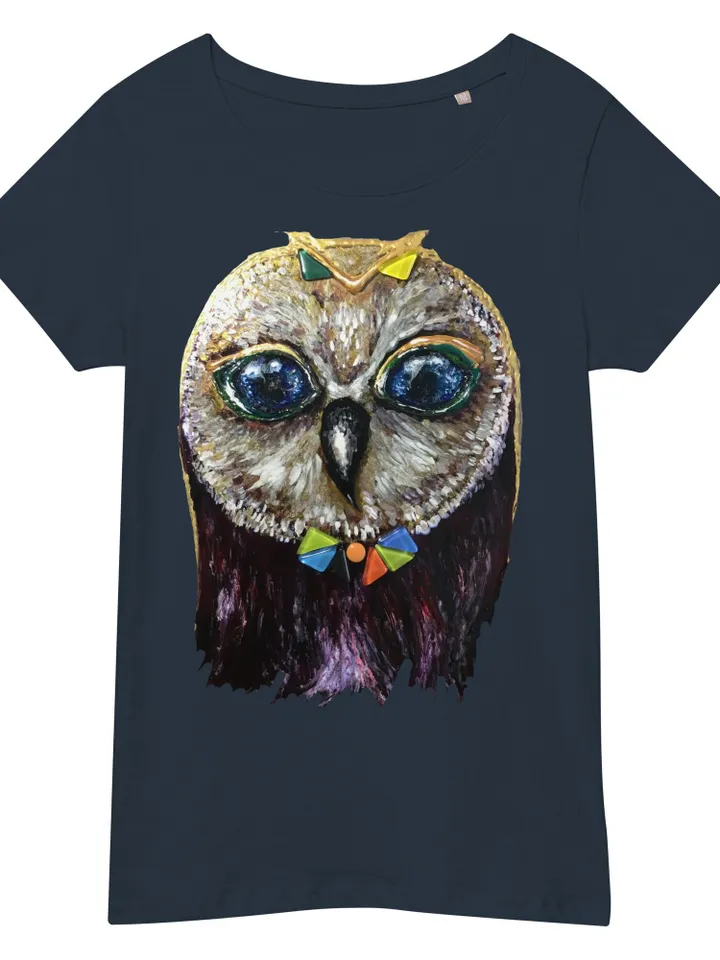 Red owl in glasses Women’s organic t-shirt made with my original stained glass painting,unique design handmade t shirt,special gift for her