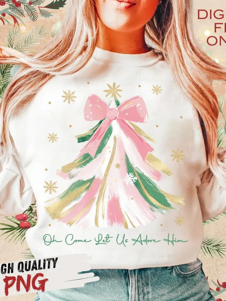 Oh Come Let Us Adore Him Png, Coquette Bow Christmas Tree Png,Christmas Jesus PNG,Watercolor Christian Christmas Png,Xmas Tree with Bow Png