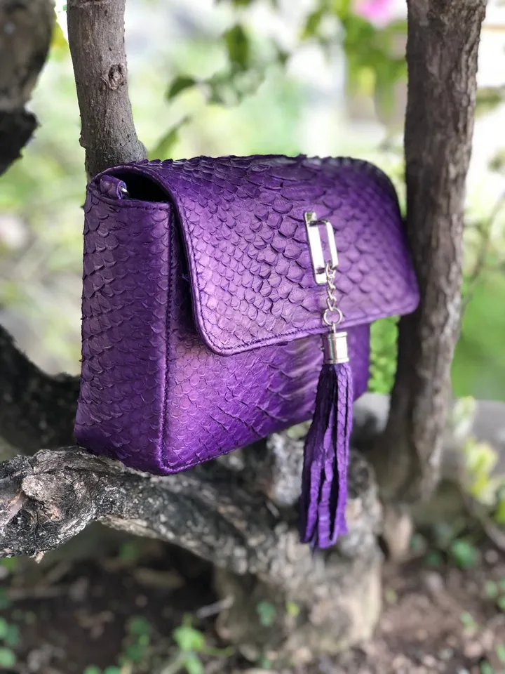 Genuine python skin TASSEL bag violet color, violet leather bag, tassel bag crossbody, small leather bag chain, elegant classy small bag