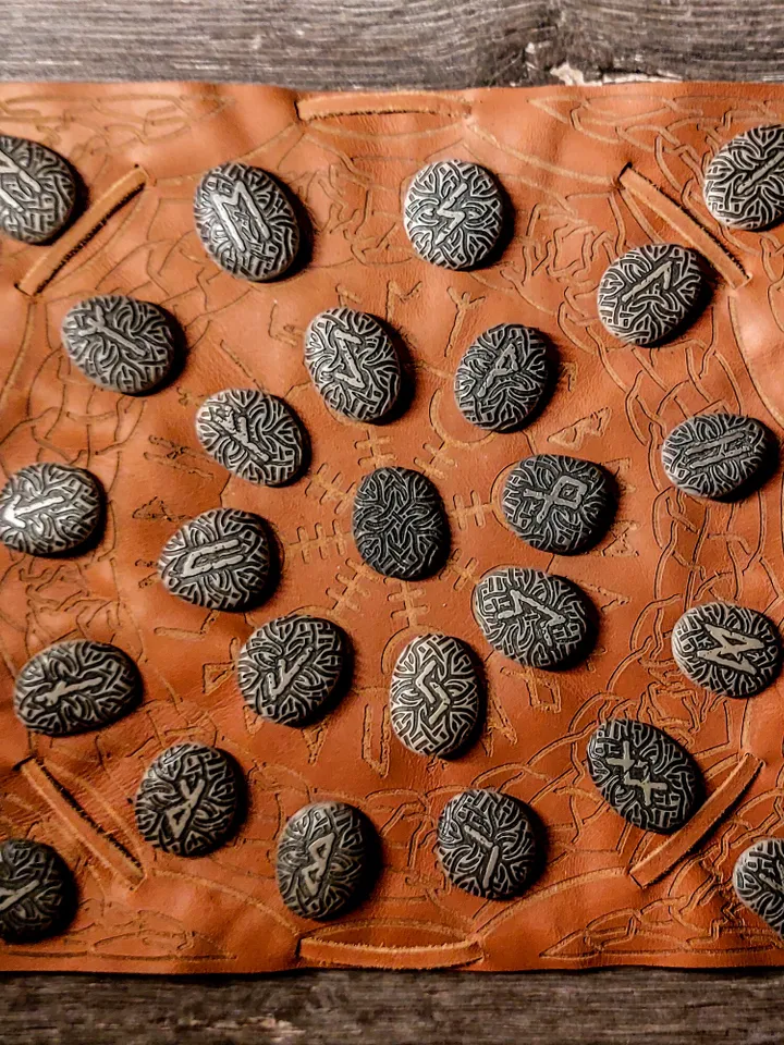 Celtic Scandinavian Stone Runes. Leather Bag. Elder Futhark. Viking Rituals. Aegishjalmur. The Helm of Awe Symbol.