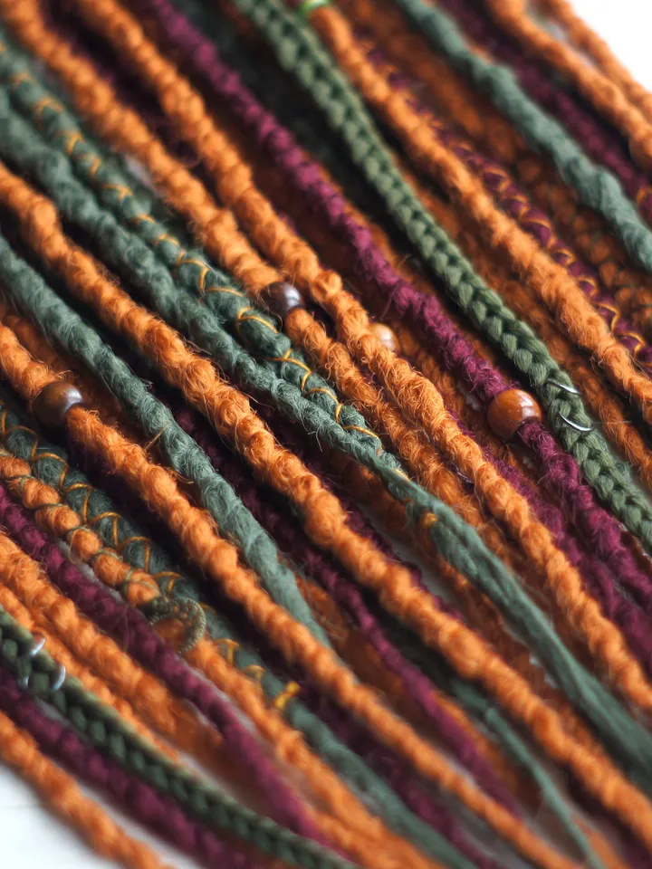 Bohemian Ginger Dreadlocks Earthy Red Green Faux Locs with Bead Thread Details Single or Double Ended Handmade Boho Hair Extensions