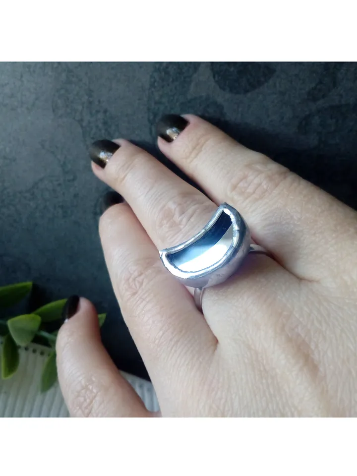 Mirror crescent ring, moon ring, stained glass ring, protection ring, Halloween ring, witchy aesthetic, soldered ring