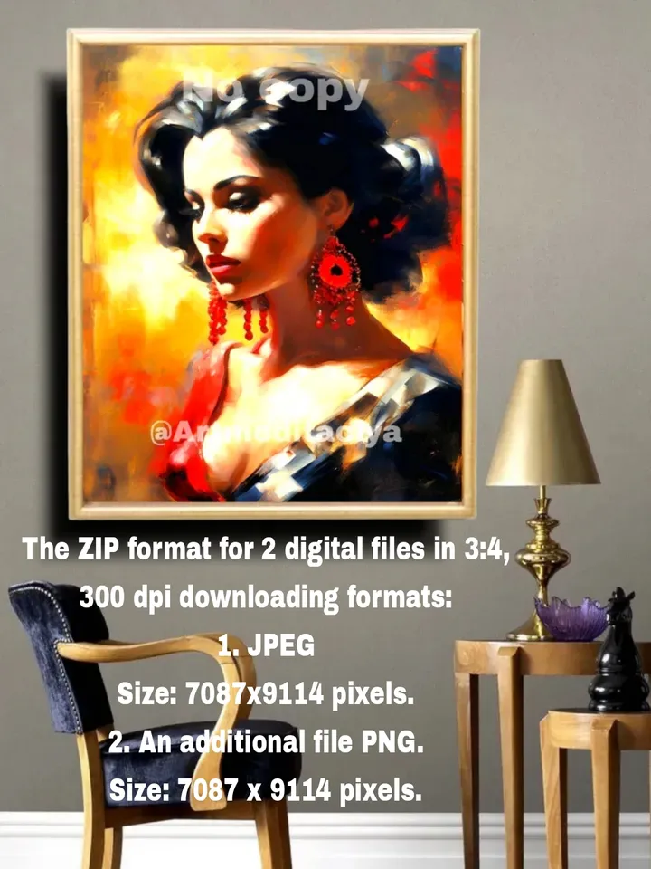 Digital abstract painting "Mysterious Carmen" in the style of oil painting on an abstract yellow, orange-red background. This is a concise image of a beautiful burning Spanish brunette with expressive fluffy eyelashes in a black and red outfit