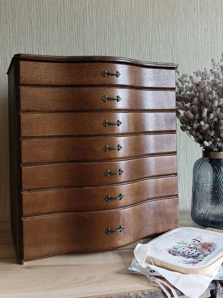 Floss storage cabinet for DMC floss bobbins and skeins, Stitching drawer box with curved faces in vintage style