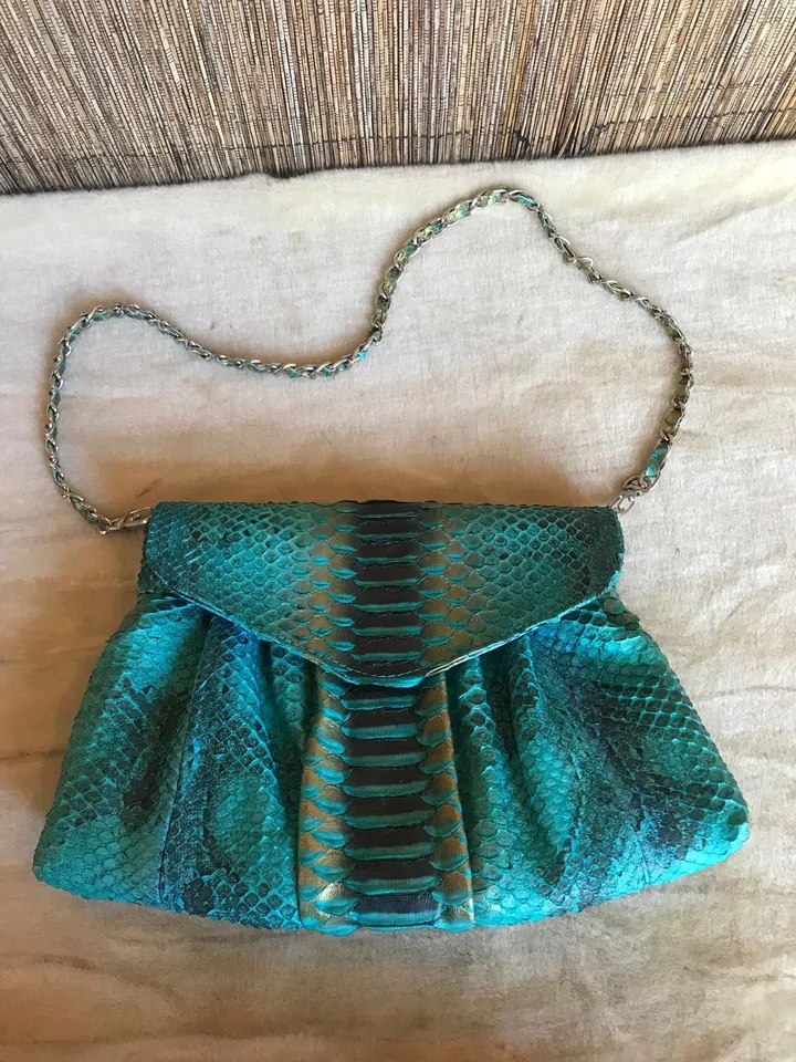 Genuine python skin shoulder chain bag | big blue clutch | exotic leather bags | shoulder elegant designer purse | snake skin formal clutch