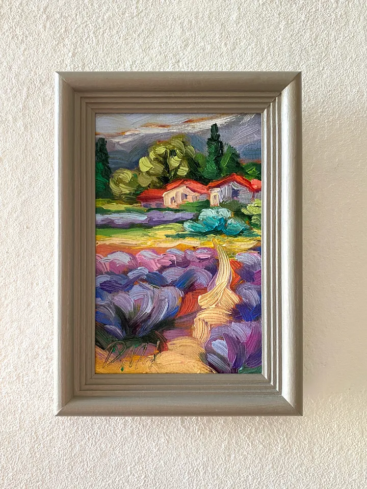 Lavender Fields Painting Tuscany Original Art Landscape Oil Painting Impasto Small Artwork 4x6 Tuscan Serenity Painting Wild Flowers