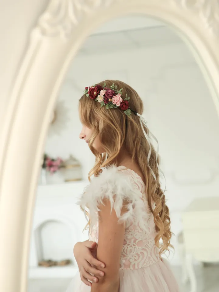 Flower girl crown, Burgundy flower crown, Toddler flower crown, Wedding flower crown, Flower crown
