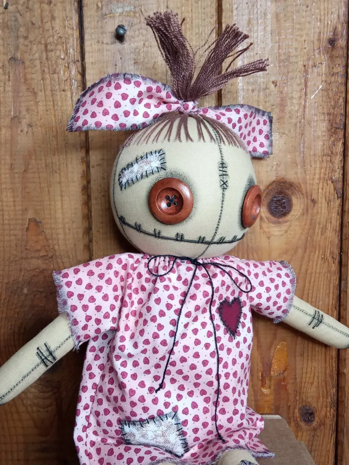 Handmade Doll With Button Eyes (Pink Hearts)