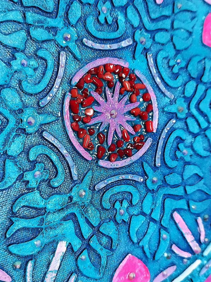 Mandala textured painting. Mandla love wall decor glitter art