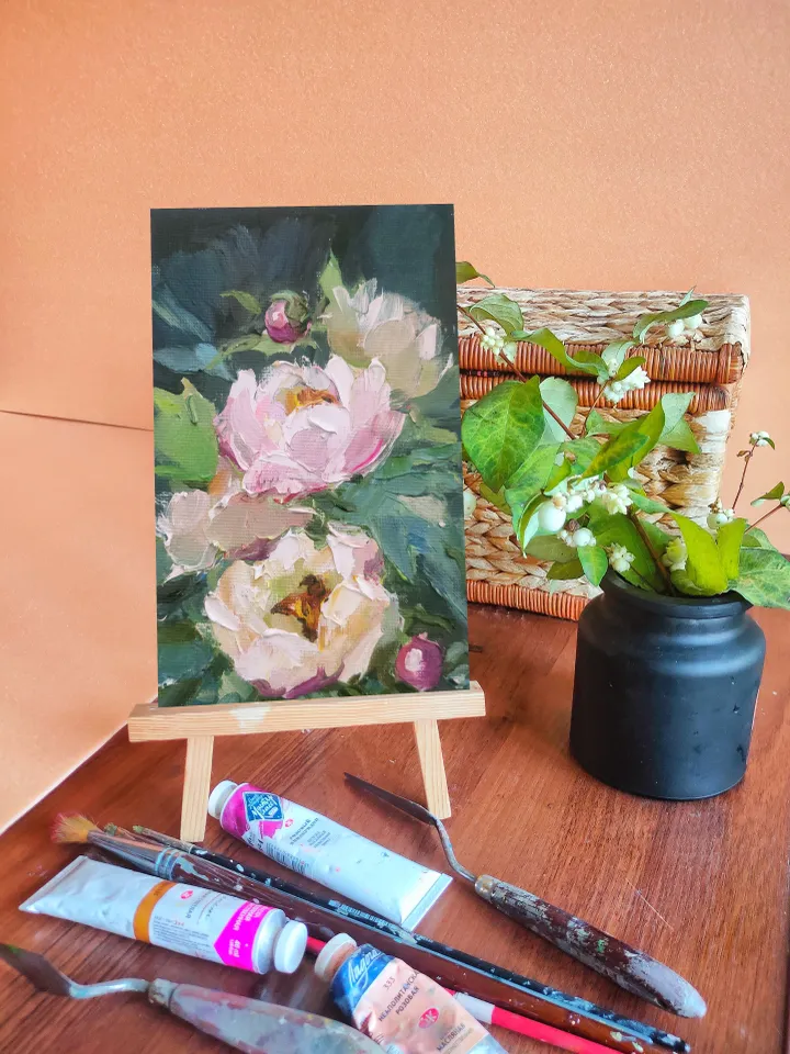 Pink Peonies Original Art Wall Art Oil Painting Flowers impasto Artwork Canvas Art Small Painting 6 by 4 inches