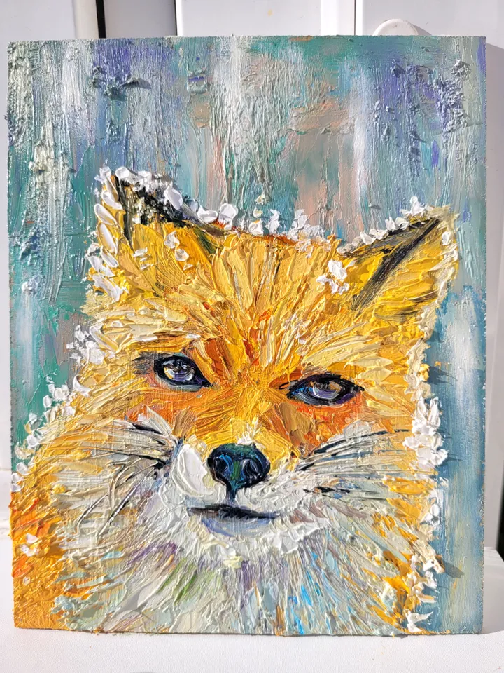 Winter Fox Painting Animal Painting Original Impasto Oil Painting 6x8 Wildlife Painting Red Fox in Snow Fox Portrait Fox Gift by ArtFromVictoria