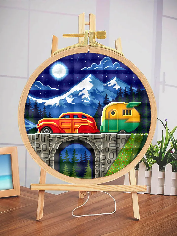 Travel cross stitch pattern download PDF Vintage travel trailer cross stitch chart Nature landscape embroidery PDF Adventure awaits #L12