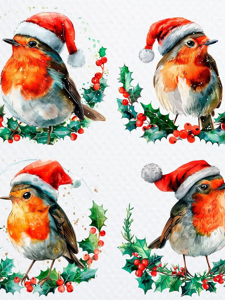 21 Christmas Robin In Hat PNG Bundle, Winter Printable Watercolor clipart for sublimation, Digital download, Paper craft, junk journals