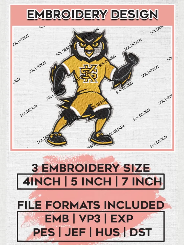 Kennesaw State Owls College Team Mascot Logo Embroidery Design Files, NCAA Kennesaw State Owls Machine Embroidery, NCAA Teams, 3 sizes, NCAA Machine embroidery designs, Digital Download