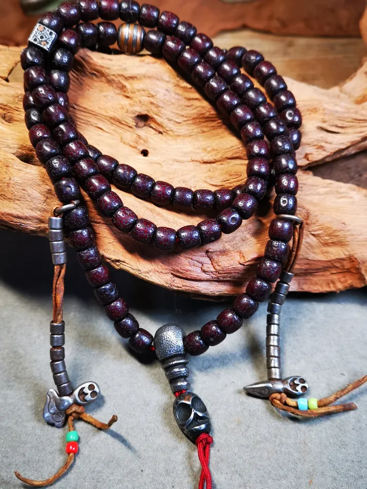 Gandhanra Handmade Antique 108 Lotus Beads Mala with Cold Iron Amulet Beads and Counters,Old Prayer Beads Necklace