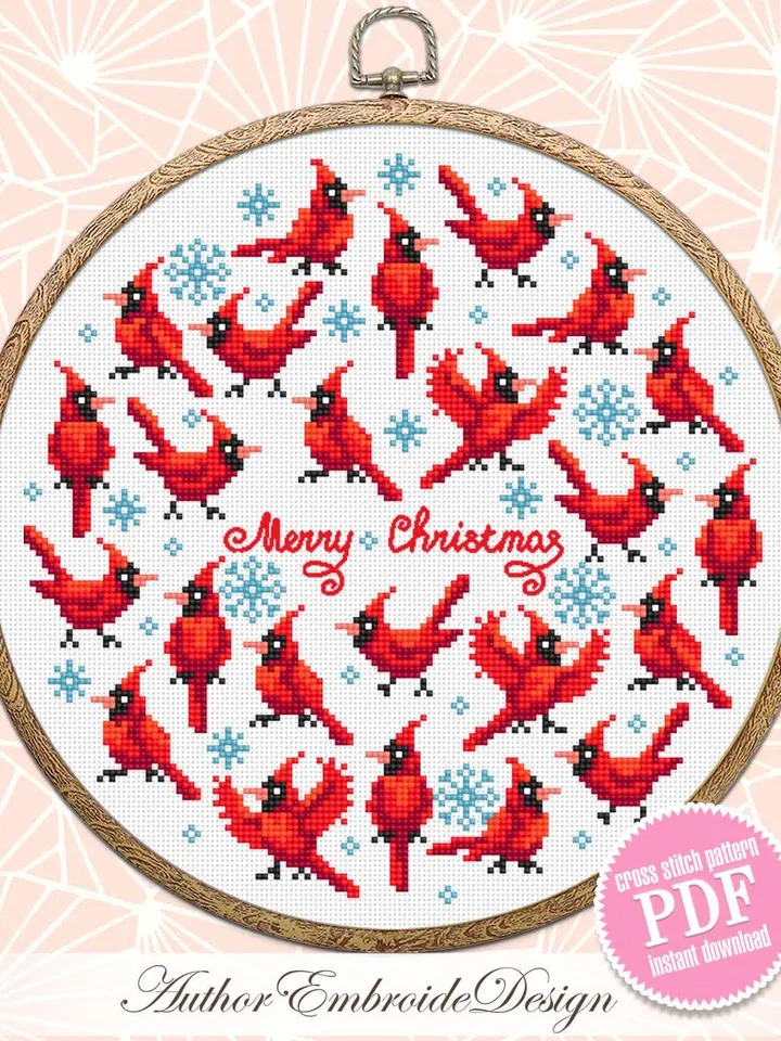 Christmas cardinal cross stitch pattern PDF download Red bird cross stitch chart, Merry Christmas pattern digital PDF, Cardinal decor #N164