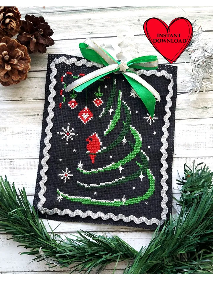 Red cardinal Christmas tree cross stitch pattern pdf greeting card embroidery