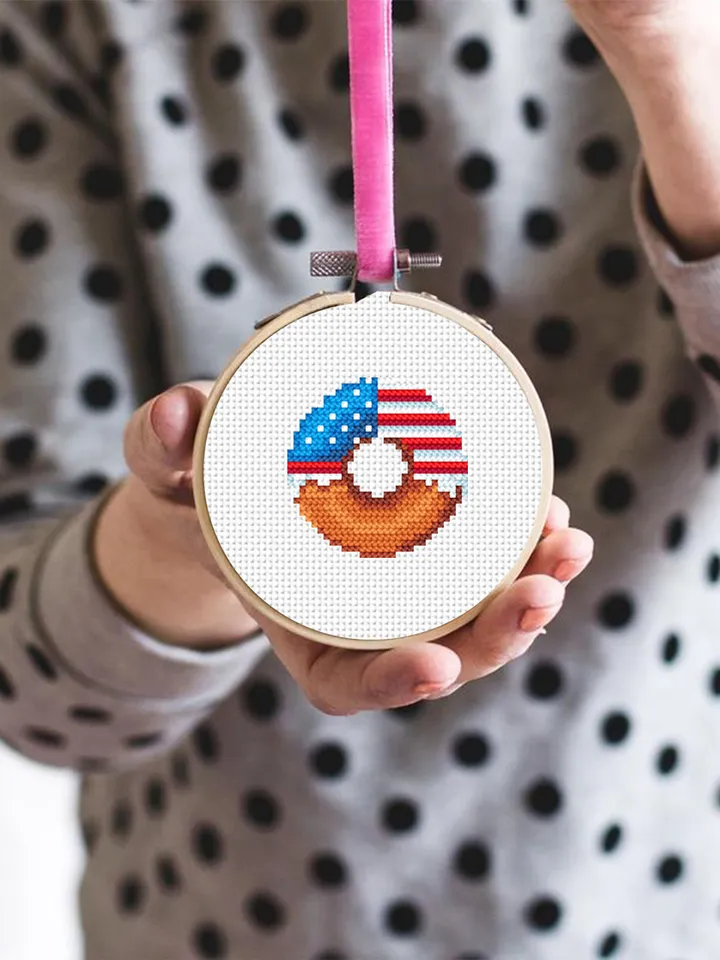 American flag donut cross stitch pattern PDF download Independence Day 4th of July Patriotic cross stitch chart, Mini food cross stitch #T21