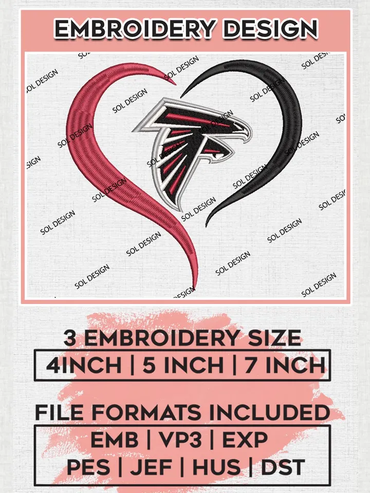 Atlanta Falcons Heart Embroidery Designs, NFL Falcons, NFL Embroidery Designs, NFL TAtlanta Falcons Machine Embroidery Design, Digital Download