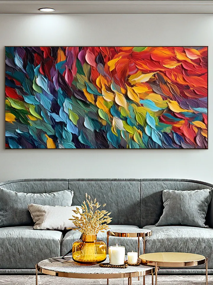 Original Colorful Feathers Oil Painting On Canvas, Large Wall Art, Abstract Colorful Painting, Custom Painting, Living room Home Wall Decor