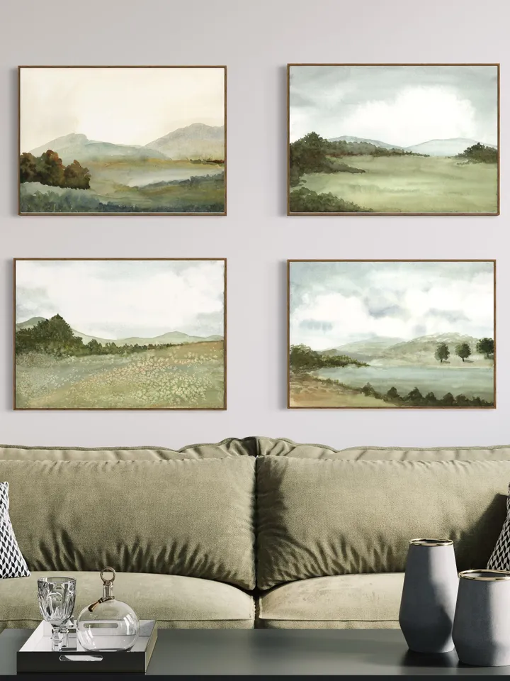 Landscape Painting Set Of 4 Watercolor Art Prints, Neutral Mountain, Wall Art Set, Home Office Poster, Over Bed Wall Decor,Vintage Print Set