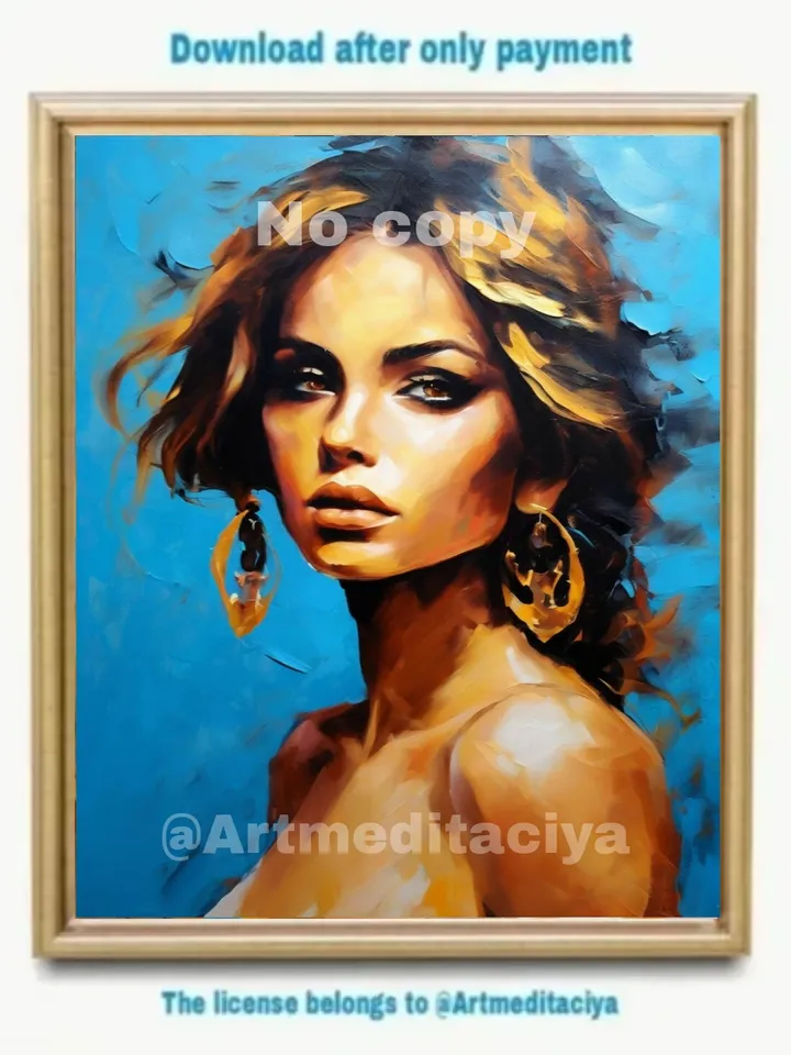 The digital abstract textural painting "Girl" in the style of oil painting with a palette knife on a blue background is a concise image of a beautiful brunette of European appearance with expressive brown eyes and golden strands of hair and gold earrings