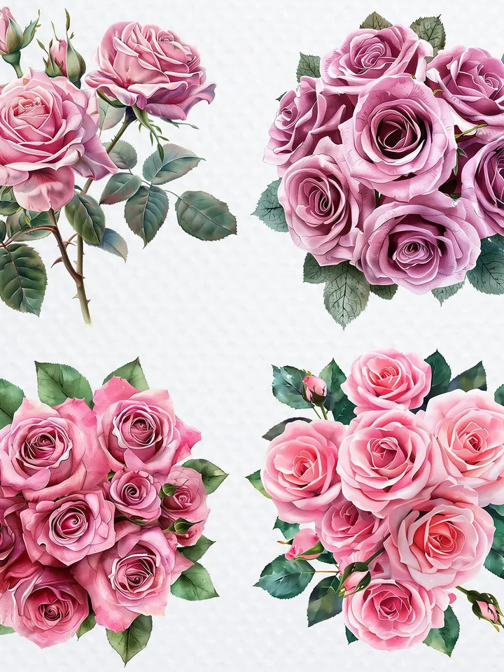 16 Pink Roses PNG Bundle, Watercolor Roses bouquet for sublimation, Paper craft, Printable Roses clipart, Digital download, junk journals