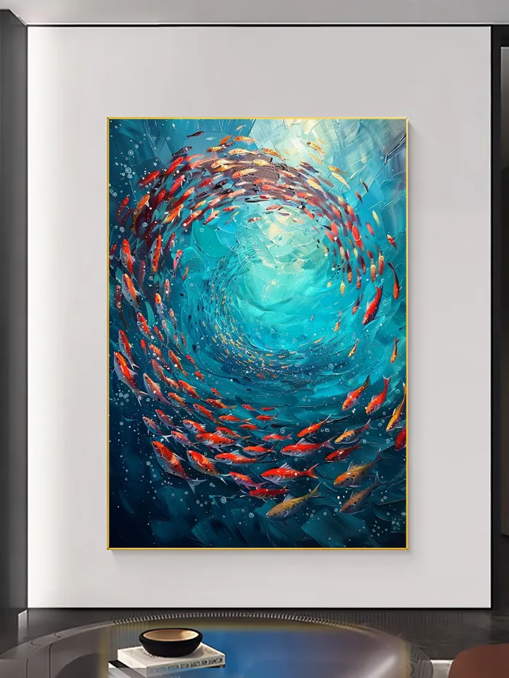 Original School of Fish Oil Painting On Canvas, Abstract Blue Underwater World Art, Ocean Painting, Living Room Wall Art, Custom Painting