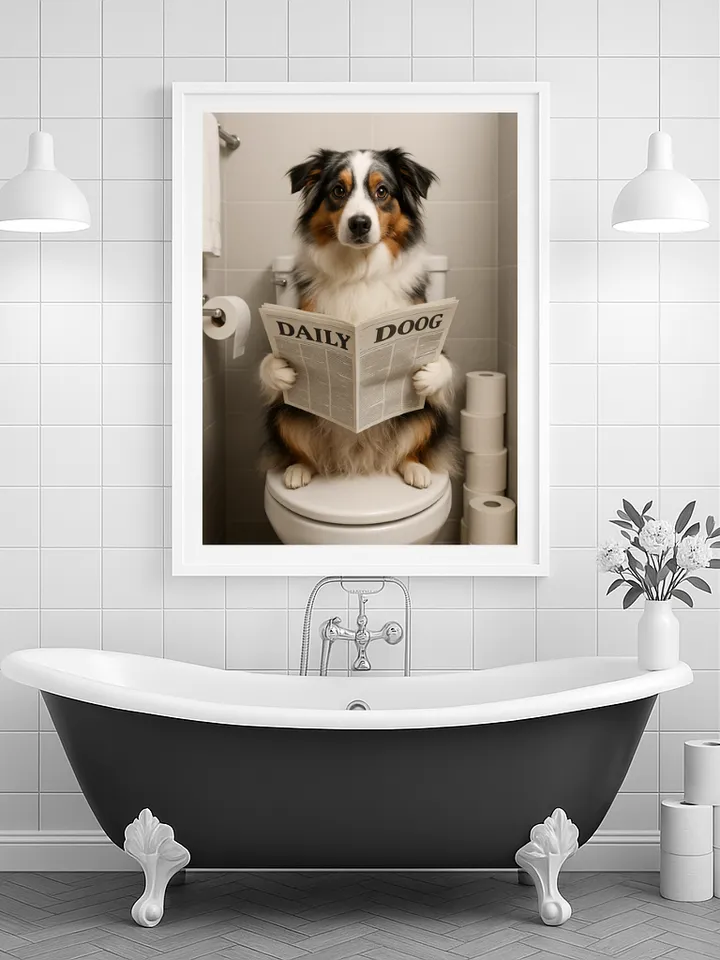 Funny Dog Reading on Toilet Wall Art, Australian Shepherd Bathroom Humor Print, Pet Lover Digital Download