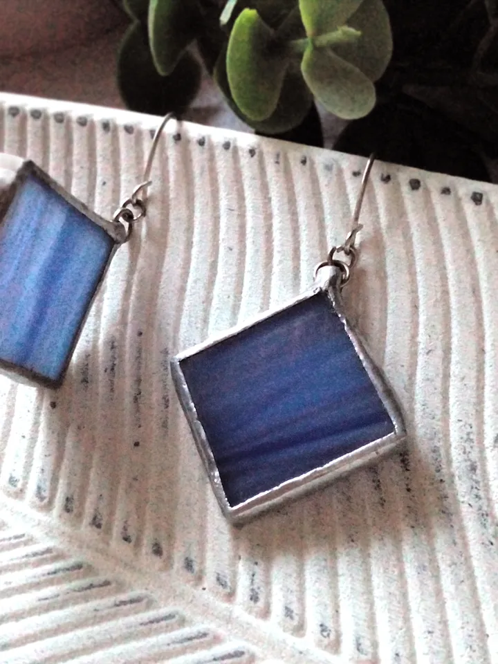 Simple stained glass, blue earrings, cute squar earrings, geomentic earrings