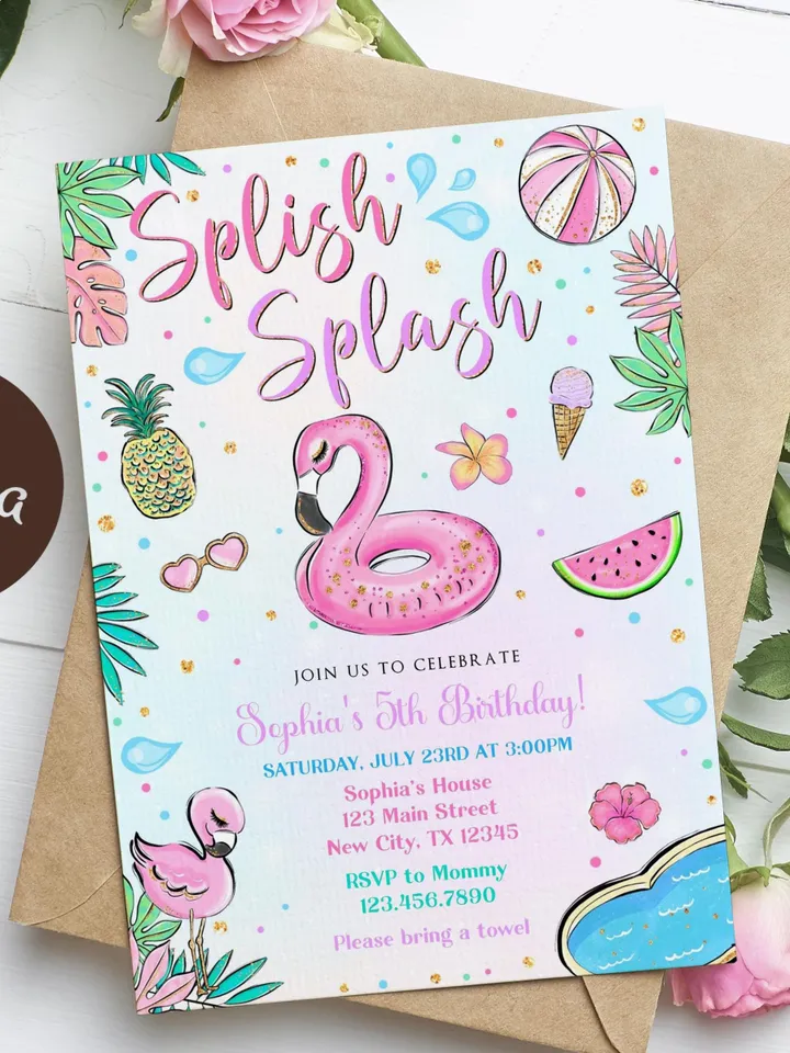 Flamingo Birthday Invitation, Splish Splash Birthday Invitation, Flamingo Pool Party Invitation Girl Instant Download Editable Template