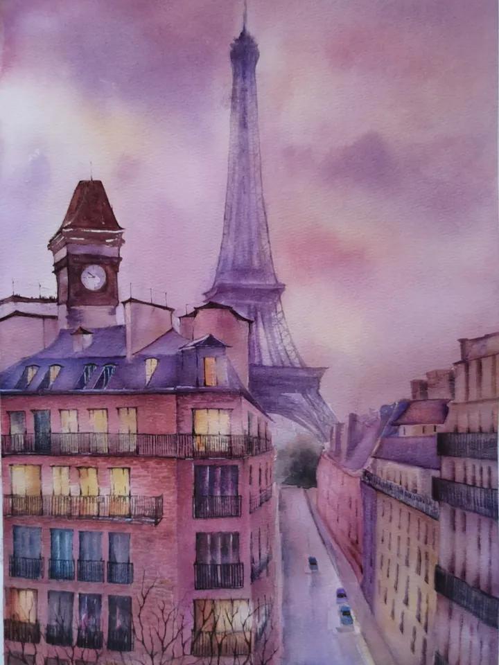 Original Watercolor Painting Urban Landscape Art Paris Artwork Paris Roofs Picture Eiffel Town Art 30x40 cm by SoftWaves