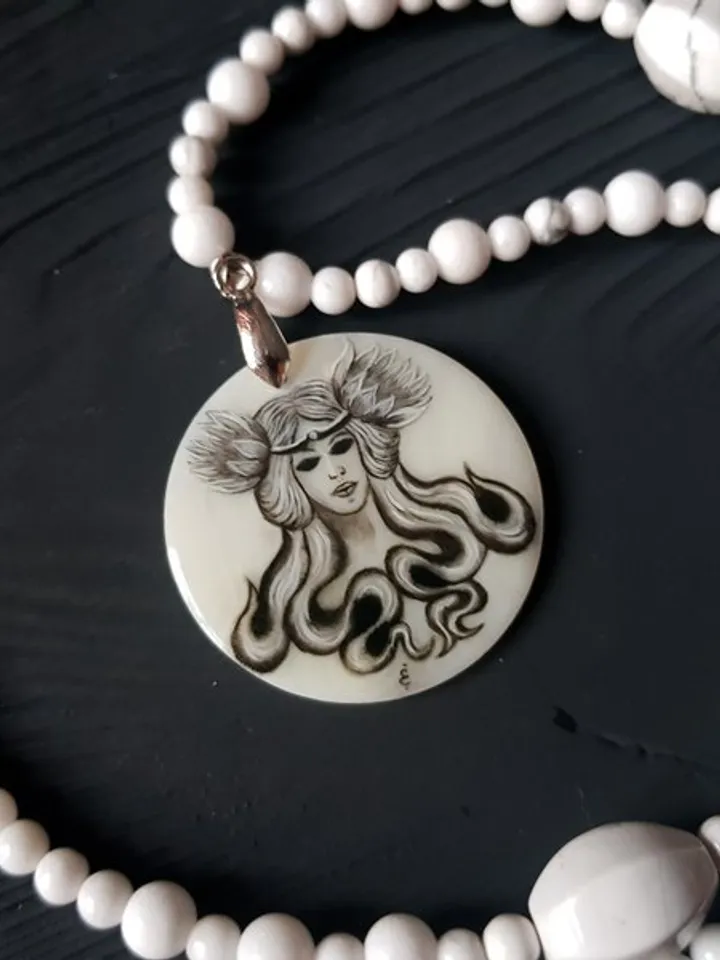 Witch craft necklace with miniature painting. Mermaid, valkyrie on pearl pendant