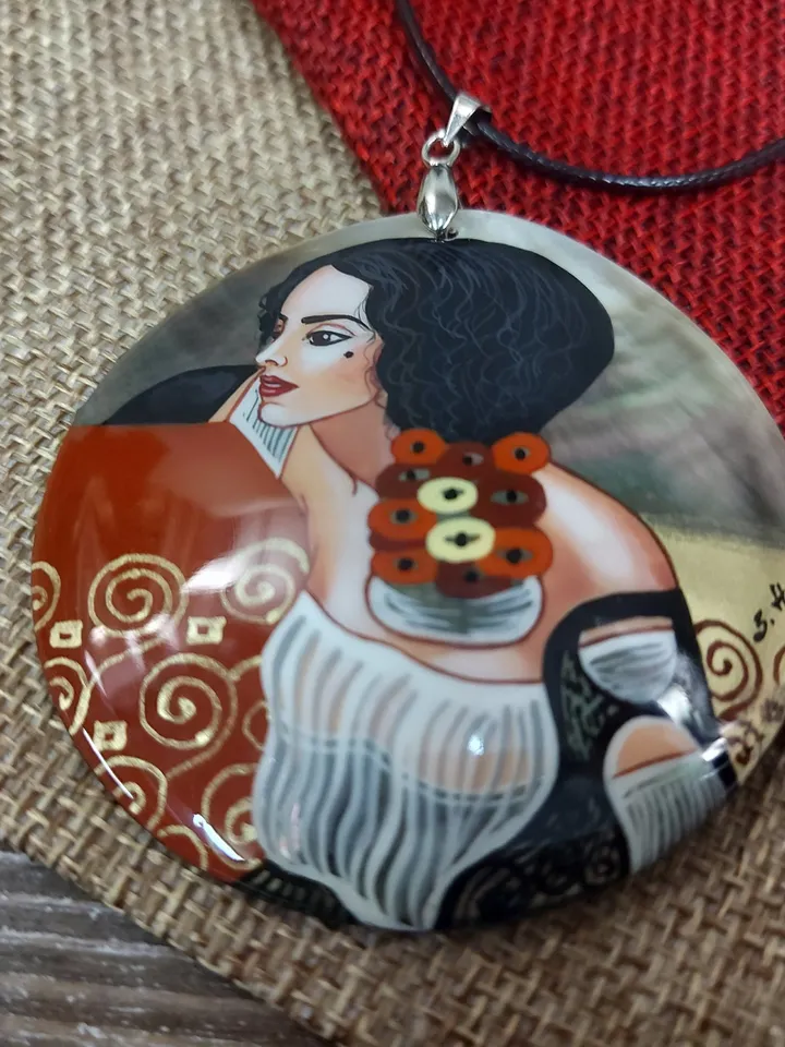 Gustav Klimt. Pendant " Judith ". Mother-of-pearl Russian hand-painted necklace. Hand paint necklace pendant.Hand painted miniature painting