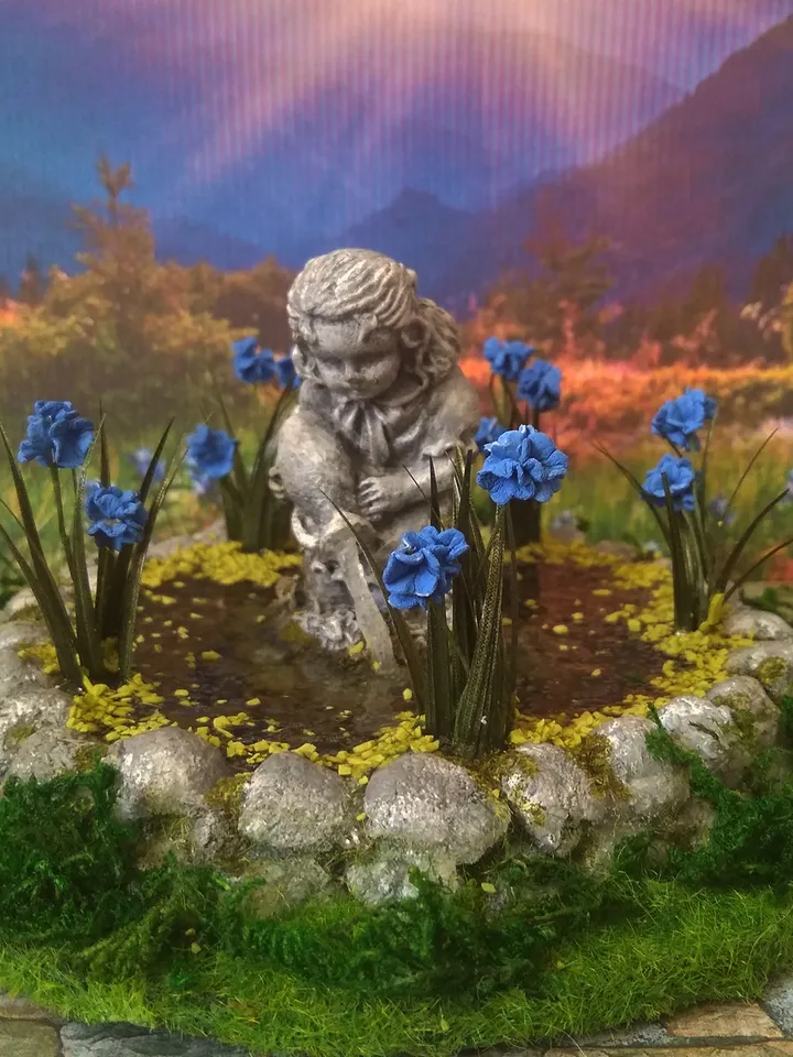 Pond for a doll's garden. 1:12. Handmade pond. Pond with irises and a statue in the middle.