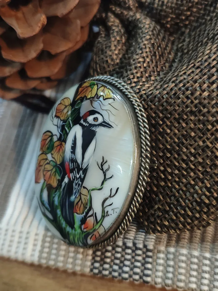Handmade brooches for women with Forest Bird: hand painted mother of pearl brooch, elegant shell pin with Woodpecker in the forest