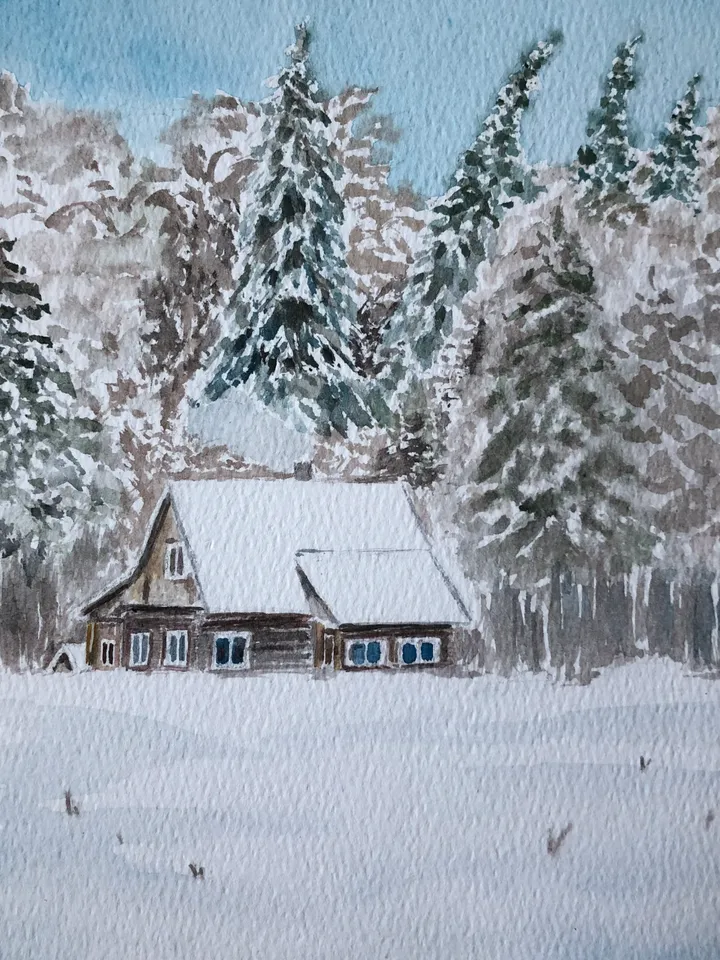 House in the winter forest original watercolour painting wall art hand painted