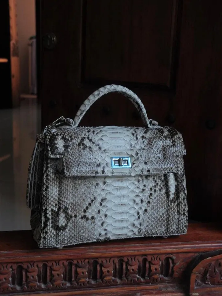 Top handle grey classy genuine python skin stitched bag | exotic leather bags | Elegant women purse | snake skin bag | designer leather bag