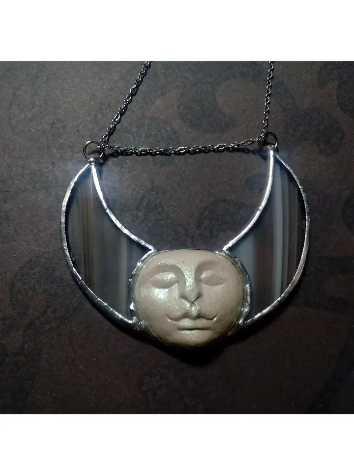 Stained glass moon, Moon Goddess, Moon phase necklace, Stainglass crescent, Full moon pendant, Moon face necklace