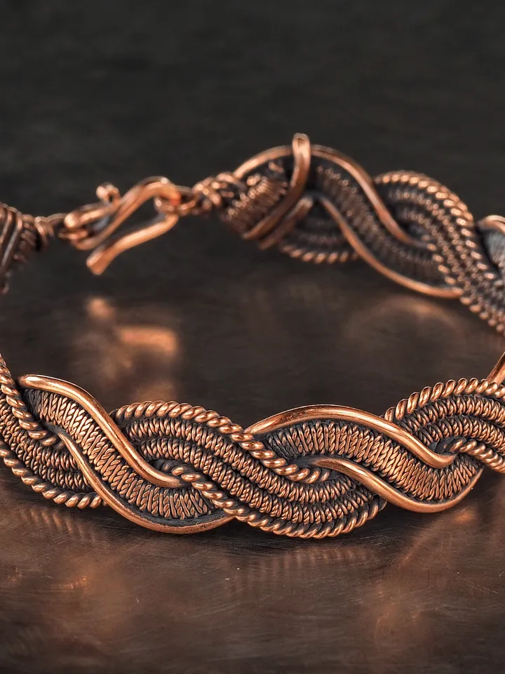 Unique copper wire wrapped bracelet for him or her 7th 22nd Wedding Anniversary gift idea Unique pure copper wire wrapped jewelry Antique style Handmade statement artisan jewellery Healing copper therapy bracelet bangle arthritis pain relief Wearable art