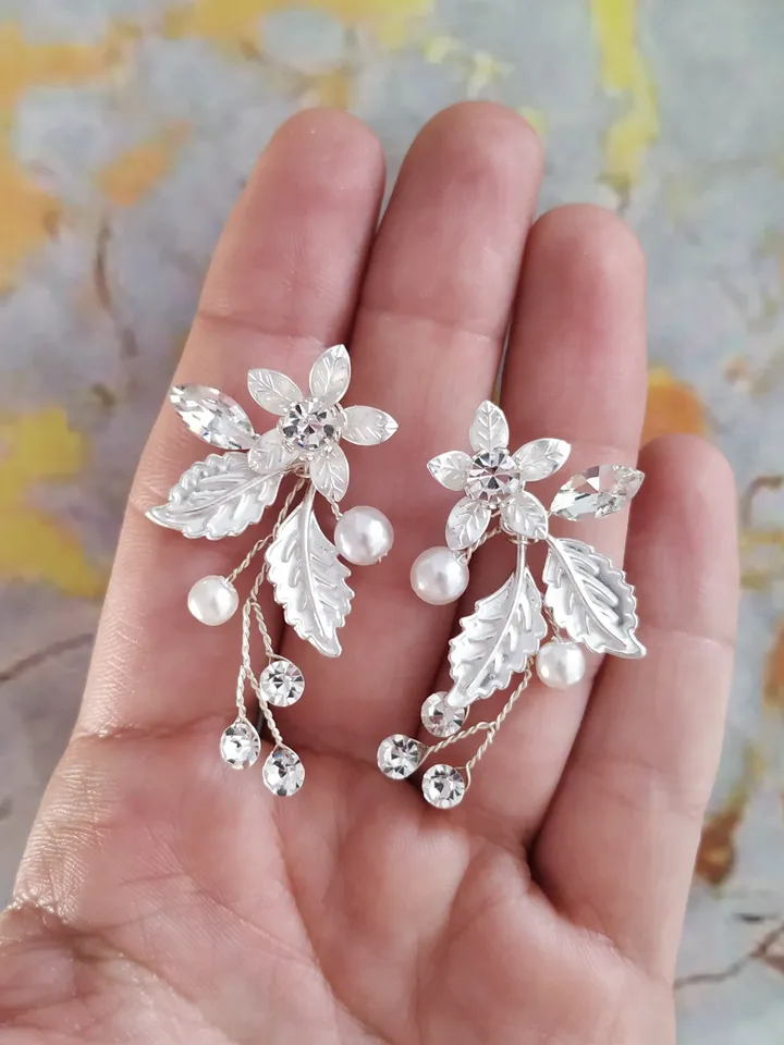 Silver Gold Swarovski Crystal Bridal Earrings Floral Leaf Wedding Earrings Boho Wedding Earrings Boho Bridal Earrings Beads Pearl Jewelry