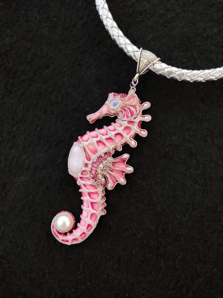 Seahorse necklace, Pink Seahorse, Pearl necklace, Seahorse jewelry