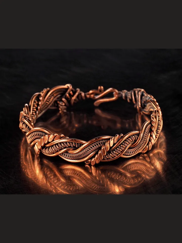 Wire wrapped bracelet, Unique 7th 22nd Anniversary gift idea, Art Nouveau antique style, One of kind braided statement bangle, Handmade oxidized pure copper jewelry, Pain relief, EMF protection
