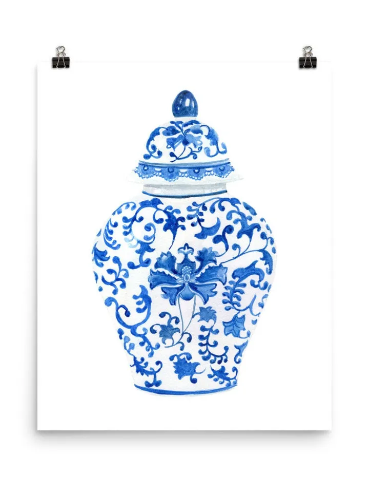 Chinoiserie Wall Art/ Set Of Two Prints/Chinoiserie Chic/ blue and white/ Chinoiserie Decor/ botanical/ Ginger jar/ blue floral/Wall Art Set