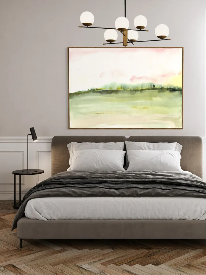 Pink Green Landscape Watercolor Painting,Neutral Maximalist Pink Art,Horizontal Art, Minimalist Landscape Wall Art, Pink Wall Decor