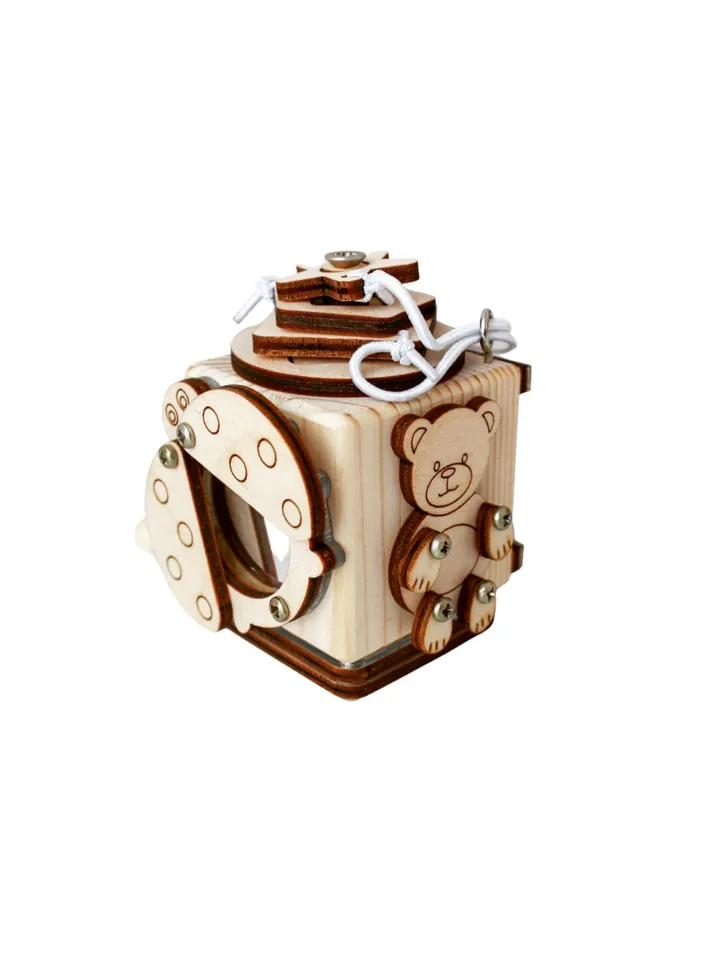 Busy cube mini - bear, wooden baby fidget toy, montessori toy for toddlers