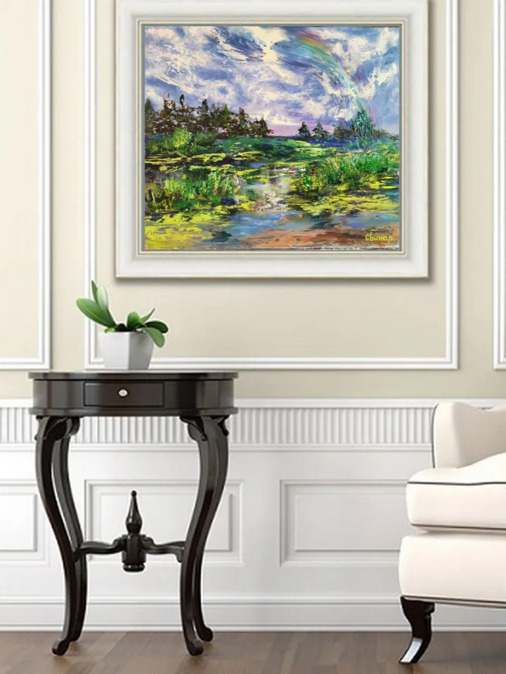 Rainbow River Pond Forest Sky Original Impasto Art Oil Painting Artist Svinar Oksana