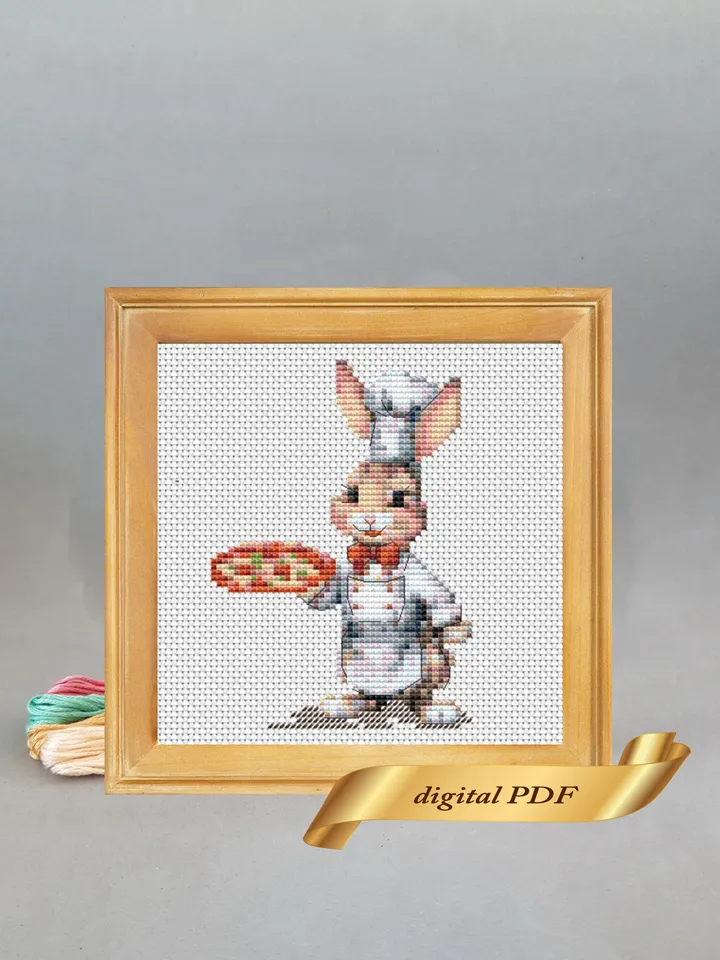 Bunny and pizza pattern pdf cross stitch, small design easy embroidery DIY, art 1