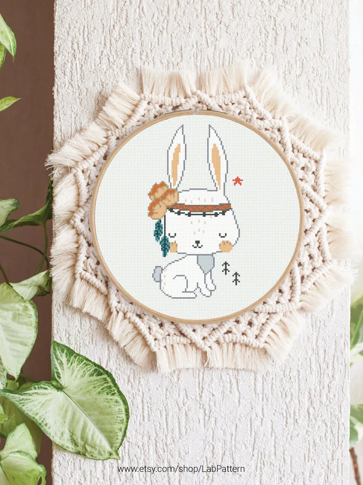 Rabbit Boho Style aesthetic mini cross stitch pattern, baby, animal boy girl nursery decor counted, chart, gift DIY, embroidery, instant PDF